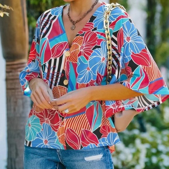 Boho Floral Print Blouse BLUE - Picture 5 of 7